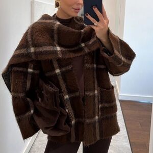 Zara Brown Plaid Scarf Knit Coat | Cozy Quiet Luxury NWT small medium